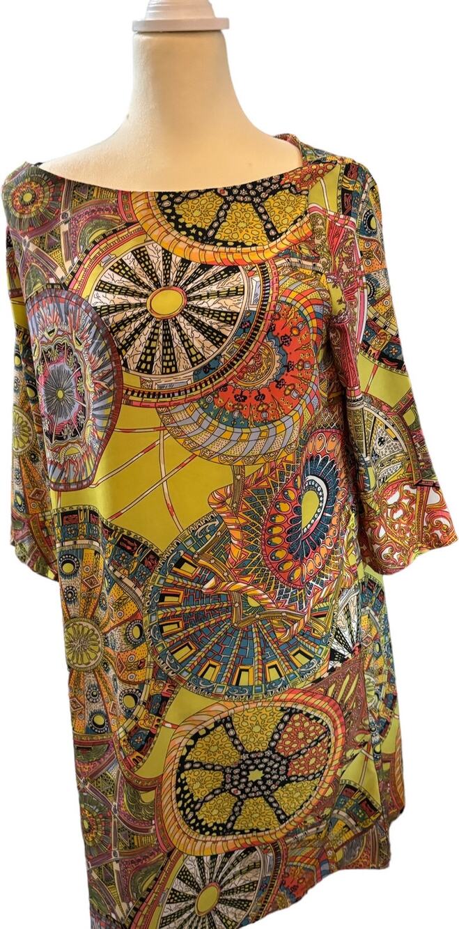 Scout Boho Mandala Shift Dress, Vibrant Kaleidoscope Retro Print, Size Large